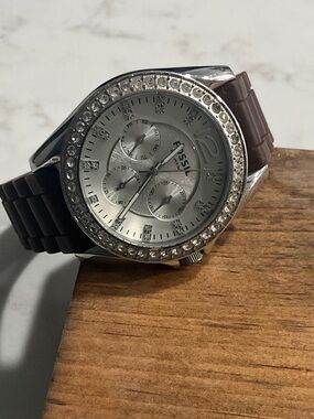 FOSSIL Silver Crystal Bezel Watch with Brown Silicone Strap
